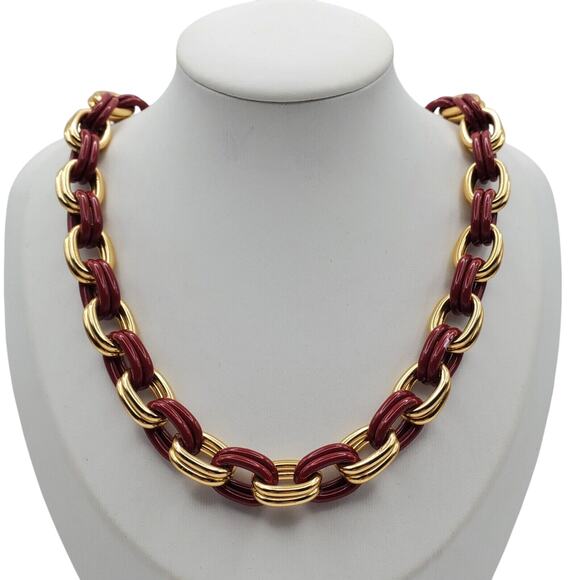 Bold Thick Chain Necklace Double Link Maroon Red Gold Tone 21" Retro Y2K 90s - Picture 7 of 7